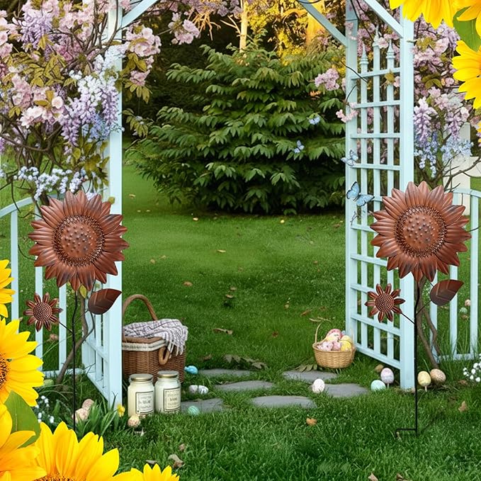 Silkfly 2 Pack Metal Sunflowers Outdoor Decor 22 Inch Vintage Rust Sunflower Decorative Garden Stakes for Outside Metal Flowers Yard Decor Art Spring Lawn Porch Patio Deocrations