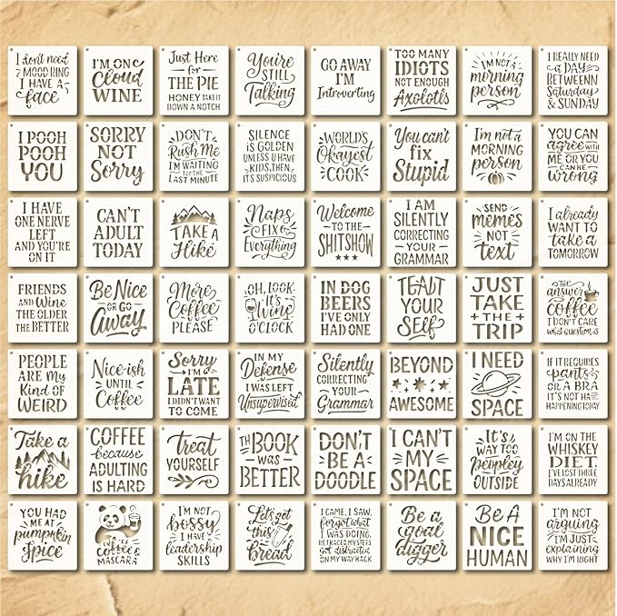Funny Stencils 4in 56pcs Reusable Plastic Templates Proverb Craft Paint Template DIY Crafts Letter Words Decoration for Fabrics Window Wall Home Wood(4inch 56 Pack)