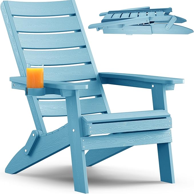YEFU Adirondack Chair, Folding Adirondack Chairs with Arc Back & Cup Holder, Weather Resistant Plastic Oversized Chair for Outdoor Patio Lawn Garden Backyard Deck Fire Pit, Blue