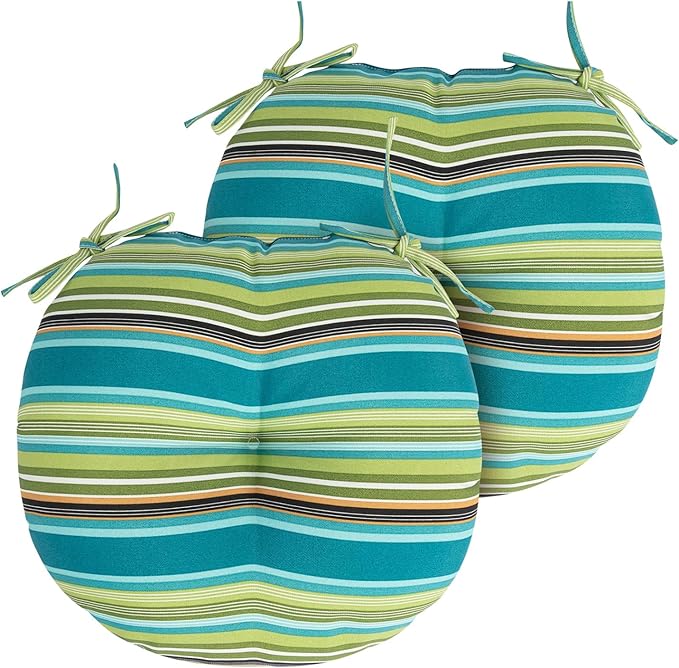 Bistro Chair Cushions 15 inch,Set of 2,Tufted Round Chair Cushions with Ties,15"x15"x4",Water Resistant Round Seat Cushion for Barstool Chairs,Patio Garden Kitchen Outdoor Furniture(Green Stripe)
