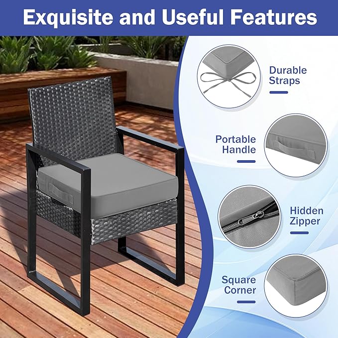 Patio Chair Cushions, 19" x 19" x 3" Outdoor Chair Cushions Set of 4, Waterproof Outdoor Cushions for Patio Furniture, Outdoors Seat Cushions Set of 4 with Handle and Ties, Light Grey