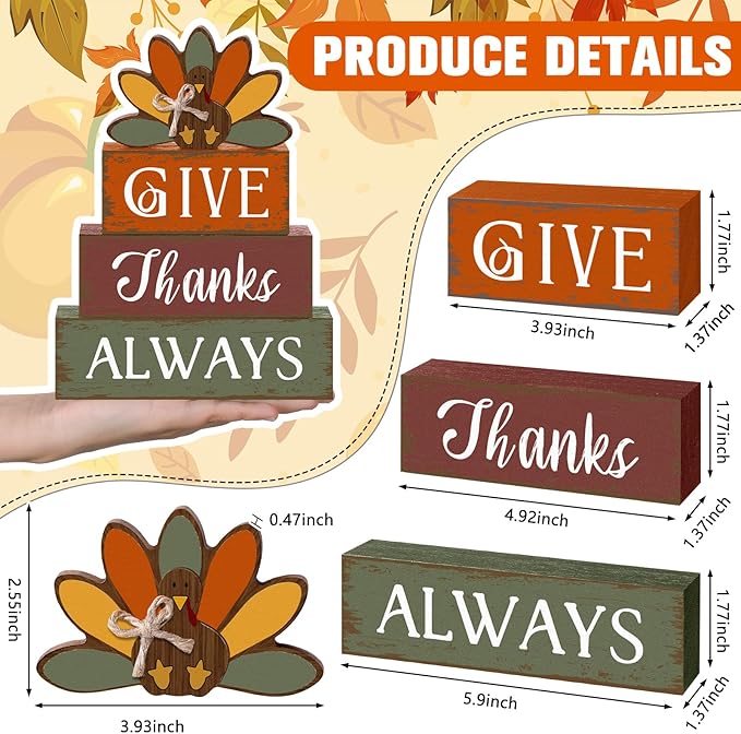 4 Pcs Thanksgiving Turkey Table Decor Wooden Turkey Sign Block Rustic Fall Tiered Tray Decor Farmhouse Autumn Centerpiece Thanksgiving Decorations for Home Office Desk Holiday Harvest Gifts