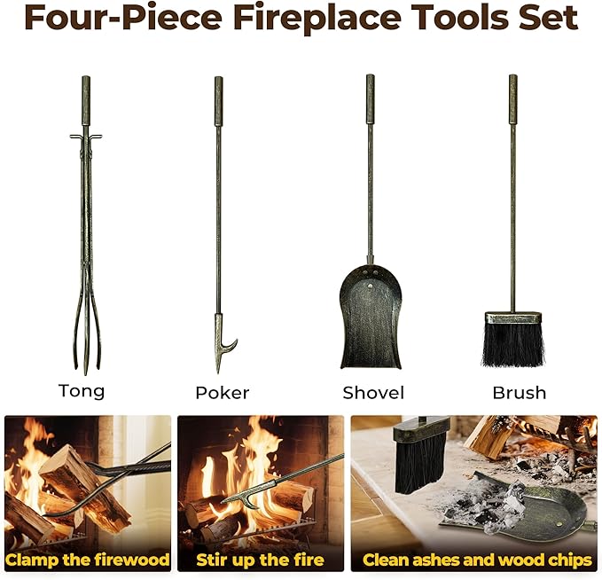 AMAGABELI GARDEN & HOME Firewood Rack Indoor with Tools 5-Piece Fireplace Tools Set Wood Holder Outdoor Wrought Iron Log Holder Firewood Storage Rack for Fireplace,Fire Pit,Wood Stove Bronze