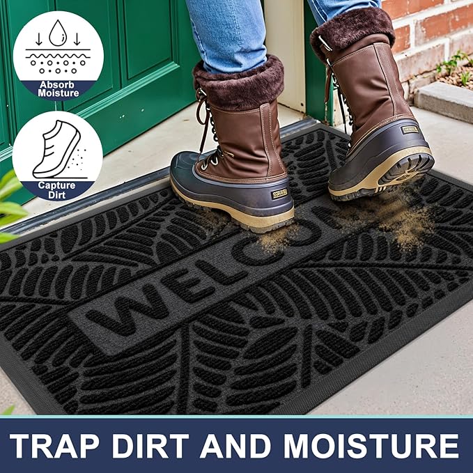 Smiry Welcome Mat Indoor Outdoor, All-Season Waterproof Front Door Mat, Sturdy Natural Rubber Doormat, Non-Slip, Easy Clean, Low Profile Dirt Trapper for Porch Patio Entrance, 71x47, Black