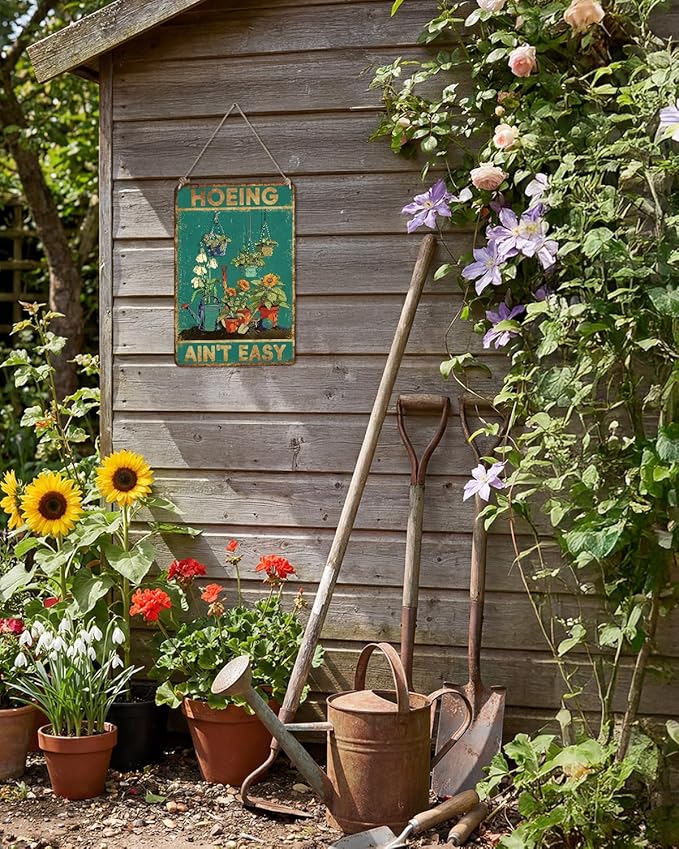 Funny Garden Metal Sign for Outside Hoeing Ain't Easy Gardening Wall Decor Vintage Gardening Gifts for Women Enthusiasts 8x12 Inch