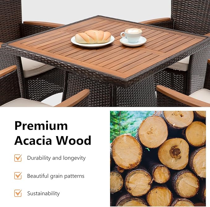 RoyalCraft 5 Piece Patio Wicker Dining Sets for 4, Water-Resistant Rattan Outdoor Dining Table and 4 Chairs with Wood Table Top, Conversation Set for Deck, Garden, Backyard, Removable Cushions, Teak