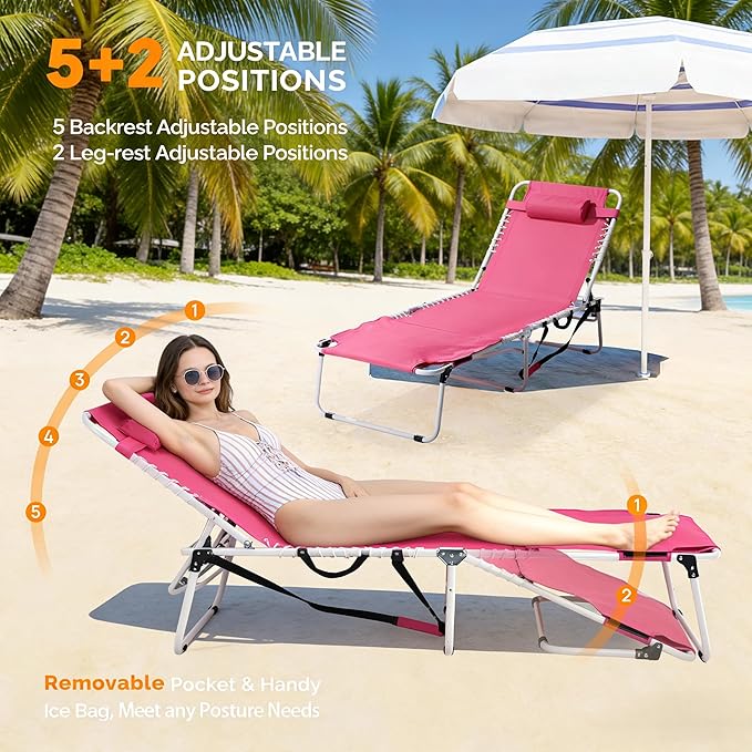 Bonnlo Oversized Folding Tanning Chair with Face Hole & Carrying Bag,Beach Lounge Chair Outdoor for Adults, Portable Sunbathing Recliner,Laying Out Chairs for Tanning Lounger Outside,Supports 265 lbs