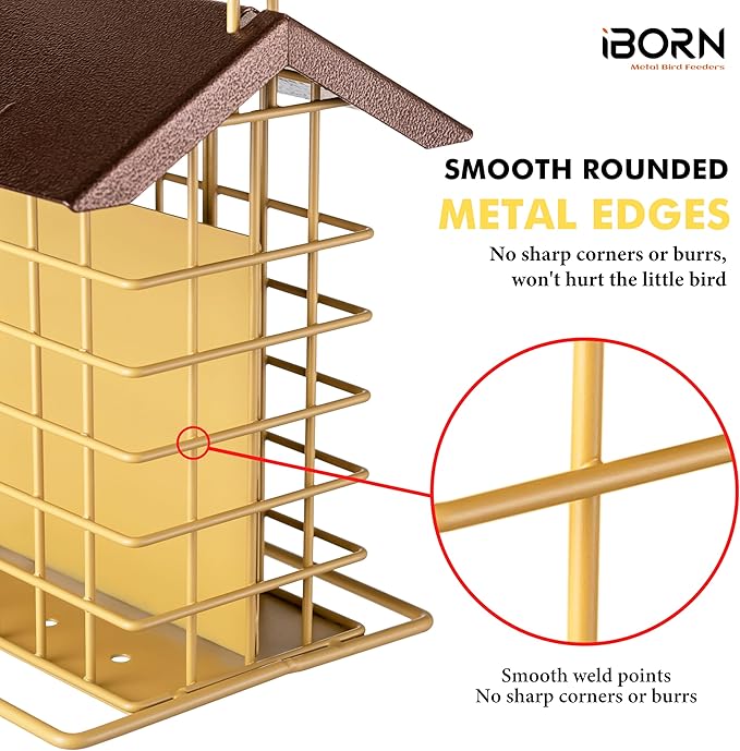 iBorn Suet Feeder for Outside Hanging,Suet Bird Feeders for Outdoors,Suet Holder with Squirrel Proof Hanger Hook,Suet Cage Bird Feeders,Woodpecker Feeder,Weatherproof Metal Roof,1 Pack,Muted Yellow