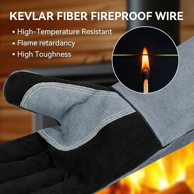 OZERO Welding Gloves for Men, Heat Resistant Gloves, 16-Inch Cowhide Leather Work Gloves, EN388/EN407/EN12477 Type A Certified, Reinforced Palm, Insulated Lining, Long Cuff for BBQ & Grill, Black-gray