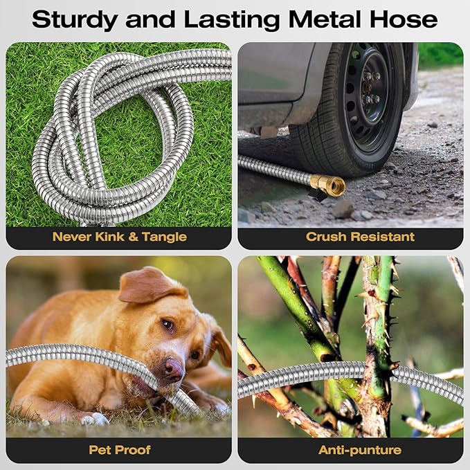 50FT Stainless Steel Metal Garden Hose - Lightweight, Kink-Free & Tangle-Free, Flexible with Brass Fittings, On/Off Valve, Pet Proof, Puncture Proof for Yard, RV, Car Washing (Silver)