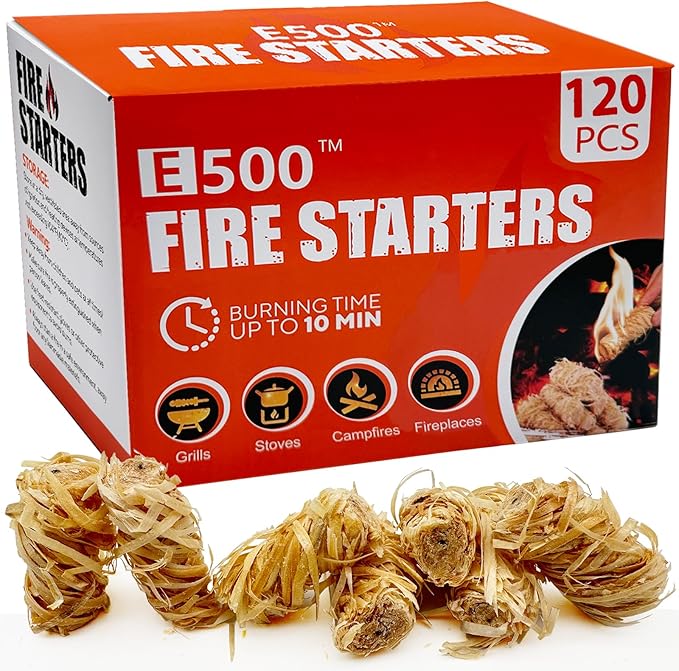 E500 Fire Starter - Natural Fire Starters for Fireplace, Campfires, Chimney, BBQ, Fire Pit & Wood Fireplace - 120 Pack Natural Pine Firestarters