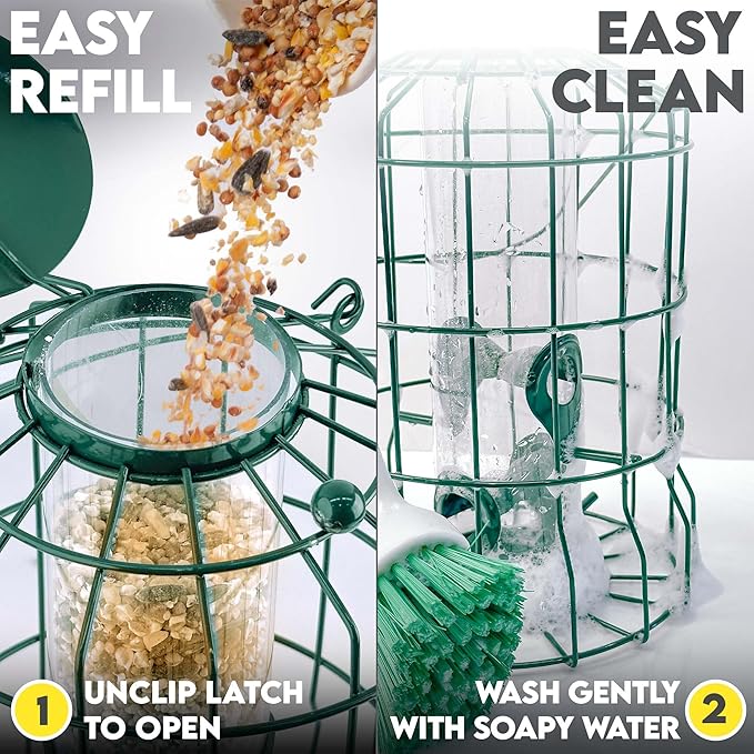 Squirrel Proof Bird Feeders for Outdoors Hanging (Metal Green) Bird Feeder with 4 Ports, Chew-Proof & Weather Resistant, Backyard Gift (10.25 x 6.25 x 6.25 inches)