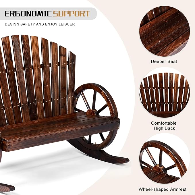 Outvita 2-Person Wood Rocking Chair, Fir Log Adirondack Rocker, Outdoor Wood Accent Furniture Lounge Chairs with Wheel Armrest for Garden Patio Backyard Porch (Carbonized Finish)