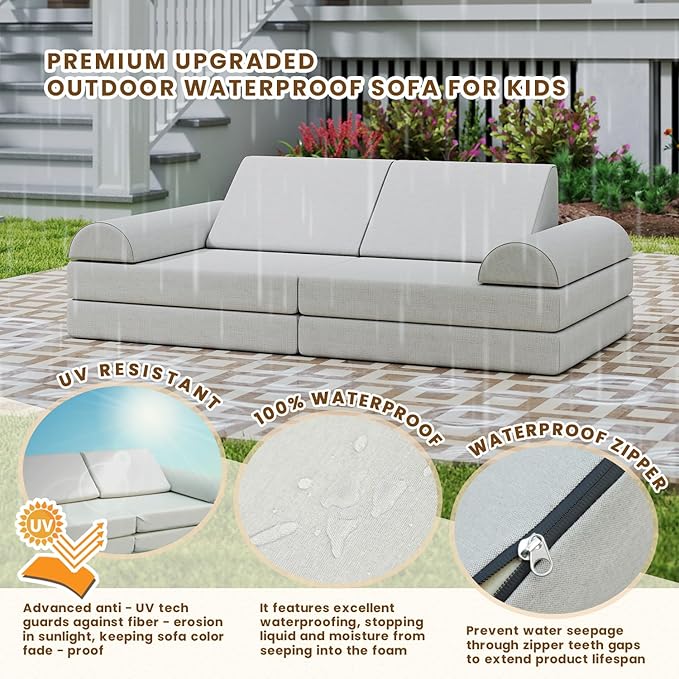 jela Kids Couch, Waterproof Kids Modular Sofa for Outdoor & Indoor, UV Resistant Child Sectional Sofa, Foam Play Couch Playhouse Play Set for Children Adults(Sand Beige)