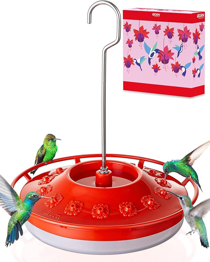 iBorn Hummingbird Feeders for Outdoors Hanging,Bee Proof Hummingbird Feeder with 14 Feeding Ports,13 OZ Saucer Humming Bird Feeders with Ant Moat,Ant Proof No Leak,Easy to Clean and Refill,Red,1 Pack