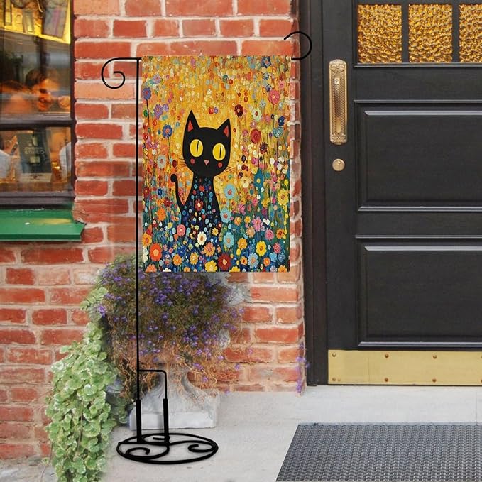 Cute Black Cat in The Flower Garden Welcome Garden Flag 12×18 Inch Small Vertical Double Sided Wild Flowers Floral Leaf Botanical Plants Flag Farmhouse Flags Yard Holiday Decoration
