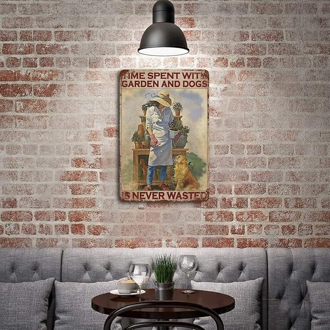 Metal Tin Vintage Sign Gardening Metal Poster Time Spent with Garden and Dogs is Never Wasted Art Print, Lovely Girl and Dogs Garden Wall Decor Vintage Aluminum Sign 12x8 inhces