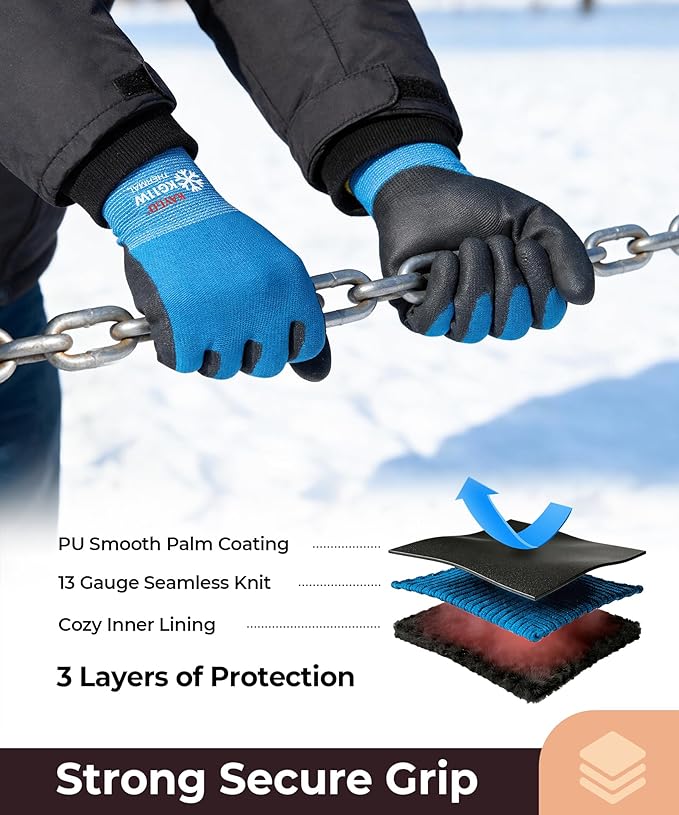 KAYGO Winter Work Gloves for Men and Women, 12 Pairs Thermal Insulated Safety Work Gloves PU Coated, Smooth Grip on Palm & Fingers,Ideal for Freezer Work,Blue,L