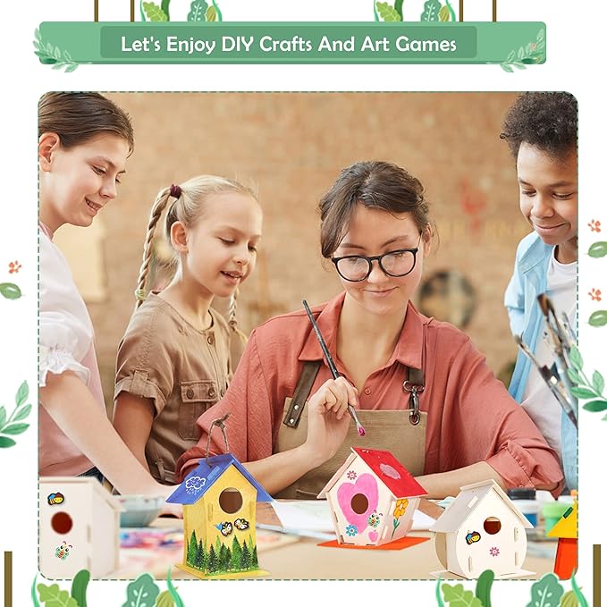 24 Pack Large DIY Bird Houses Kits for Kids, Kids Craft Kits Wood Houses for DIY Crafts Class Parties, 24 Birdhouse Kits with 24 Paint Strips & Paintbrushes & Stickers for Children to Build & Paint…