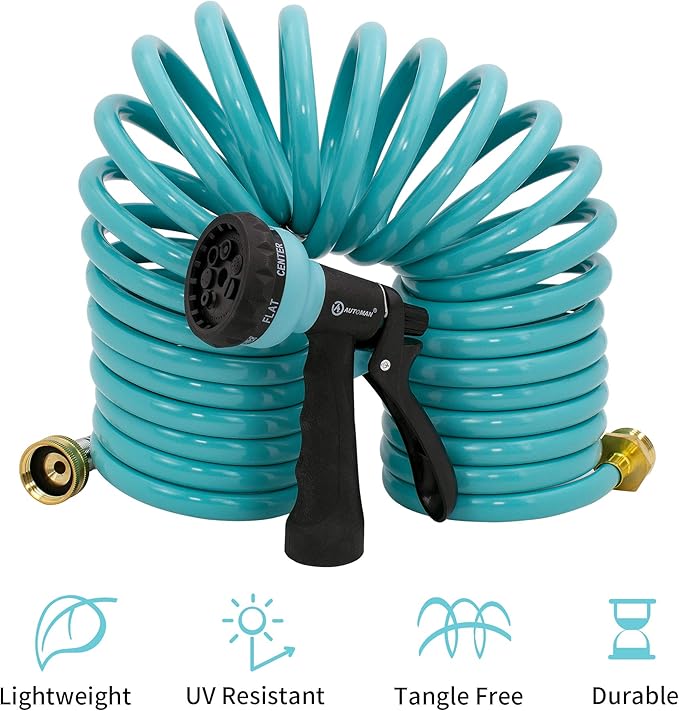 AUTOMAN EVA Recoil Garden Hose 25ft - Includes 7 Pattern Spray Nozzle,Curly Water Hose 25 Foot,Watering Coil,Retractable,Corrosion Resistant Garden Coil Hose.