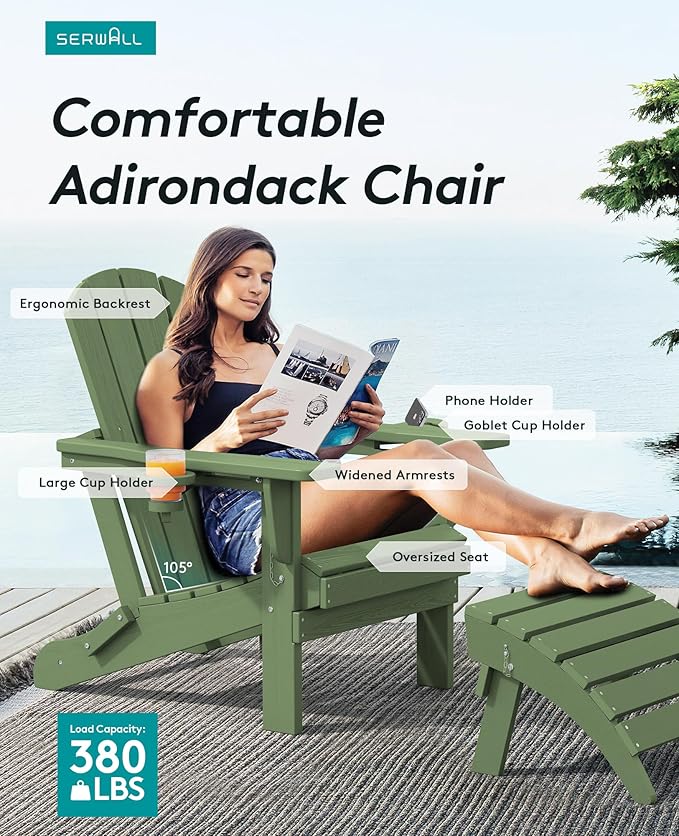SERWALL Adirondack Chair with Cup Holders - Composite Adirondack Chairs Set of 8 HDPE Outdoor Chairs All Weather Use- Avocado