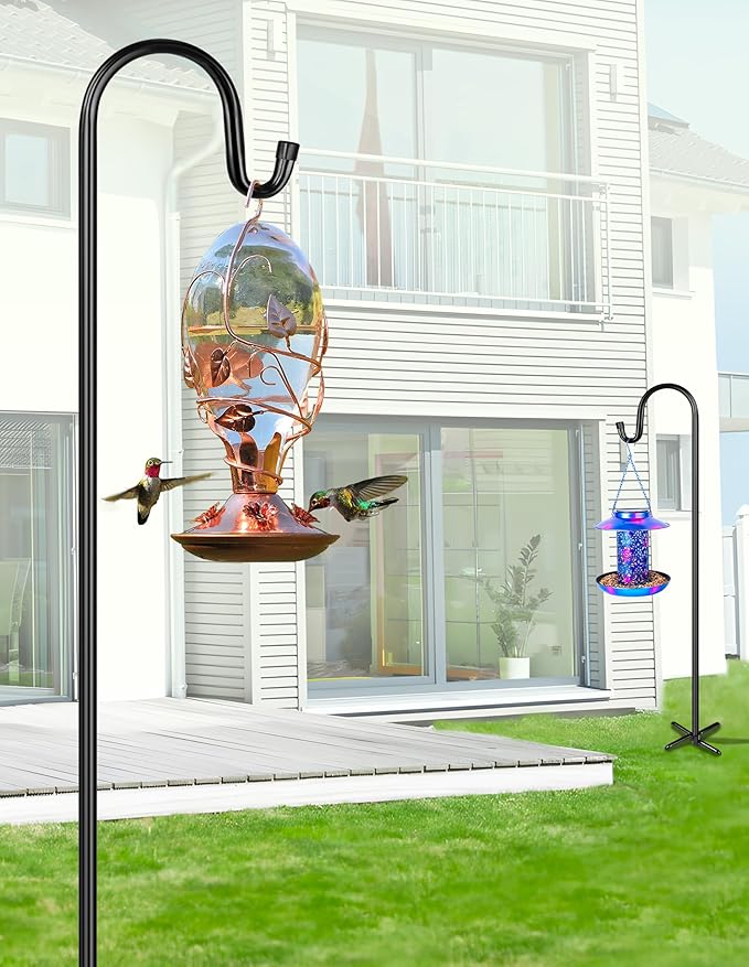 XDW-GIFTS Bird Feeder Pole for Outdoor, 60 Inch Shepherds Hooks Heavy Duty Garden Pole for Hanging Plant Basket, Solar Light Lanterns, Garden Plant Hanger Stands with 5 Base Prongs