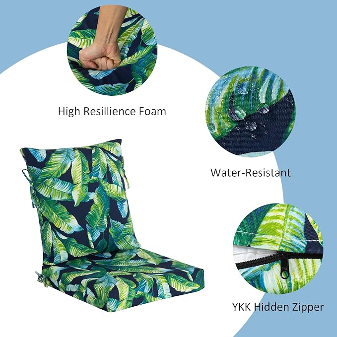 COZYVIDA Outdoor Dining Chair Cushion, Set of 2, 20" x 42",C0 Water-Resistant Breathable Polyester, UV-Resistant 1000+ Hrs, 30D Foam with Recycled Fiber Fill, YKK Zippers,Tropical Leaf