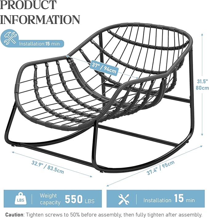 Fancyango Oversized Egg Rocking Chair for Indoor/Outdoor – All-Weather Wicker Rattan Lounge Chair with Cushion, Patio Rocker for Porch, Garden, or Balcony (Beige, 37''Dx37.4''Wx31.5''H)