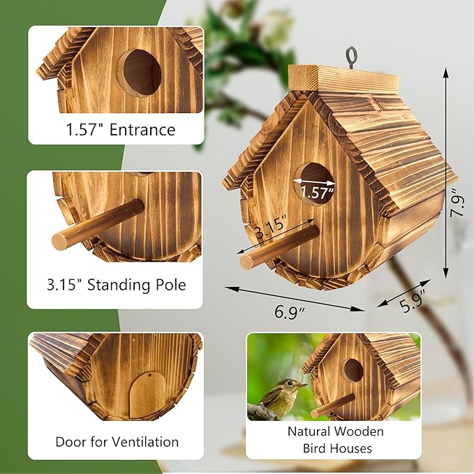 1 Pack Wren Houses for Outdoors,Natural Wooden Bird Houses for Outdoor Chickadee,Bluebird etc,Handmade from Natural Wood for Garden Decorations