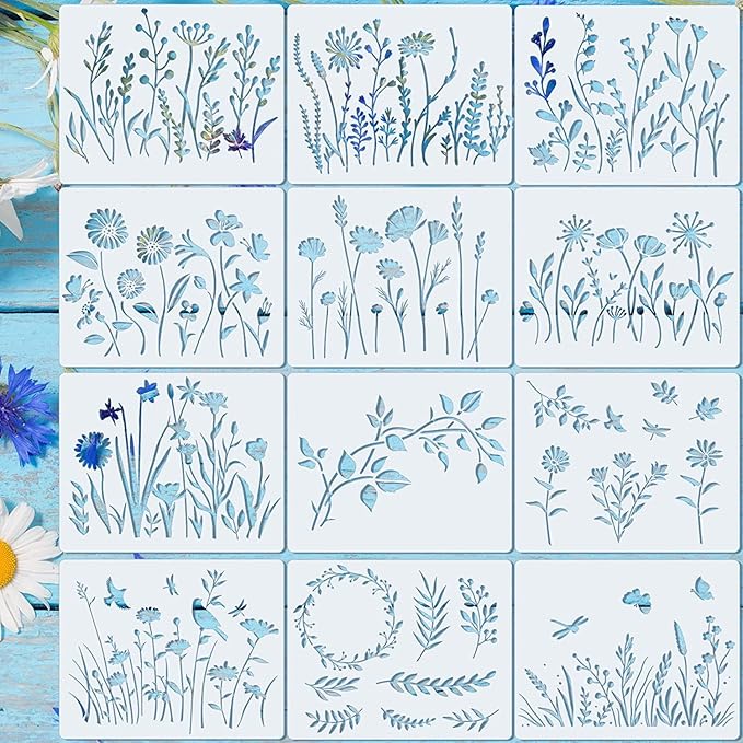 Marspark 20 Pieces Wildflower Stencils for Painting Template Flower Wall Stencils Reusable Spring Templates PET DIY Drawing for Painting on Wood Wall(Rectangular Style)