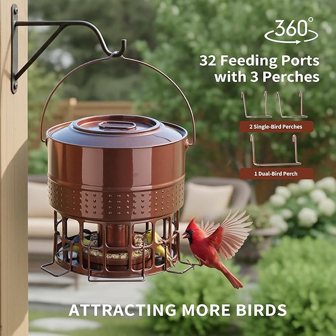 Solution4Patio Bird Feeder, 10LB Powder Coated Metal Wild Birdfeeder with 32 Feeding Stations & Triple Perches, Rust-Proof Hanging Design for Cardinals, Finches and Outdoor Garden Use (Glazed Red)