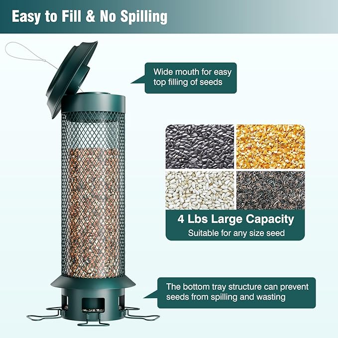 Large Squirrel-Proof Bird Feeder with Removable Tray, Weight-Activated Outer Cage, 5 Perches, 4 lb Capacity, Easy to Fill & Spill-Proof, Tube Bird Feeder for Outdoor Cardinals, Finches