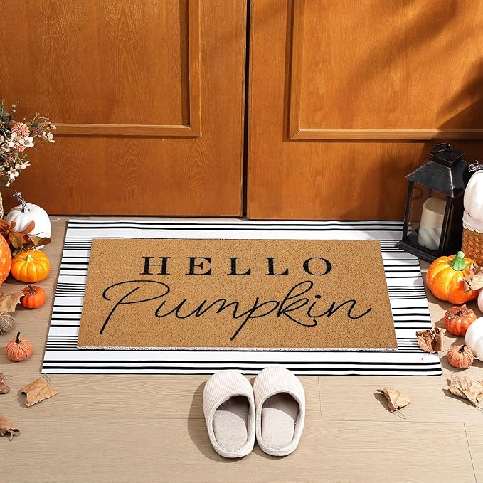 Tinideya 2 Pcs Fall Door Mat Hello Pumpkin Welcome Non Slip Coir Mats Thanksgiving Black White Stripe Harvest Floor Layering Doormats Seasonal for Front Porch Entryway Decor(Hello Pumpkin)