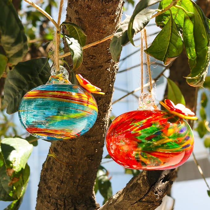 2 Pcs Blown Glass Hummingbird Feeder for Outdoors Hanging, Ant & Bee Resistant Window Bird FeederHandmade Garden Decor Gift for Women - Small Round Glass Feeders Bundle (Ellipse B2)