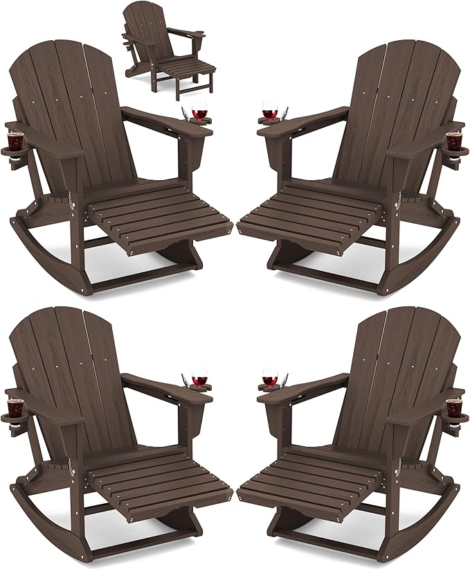KINGYES Adirondack Rocking Chair Set of 4 with Retractable Ottoman and Cup Holders, HDPE Adirondack Rocker Patio Rocking Chair for Porch, Patio, Balcony, Coffee Brown