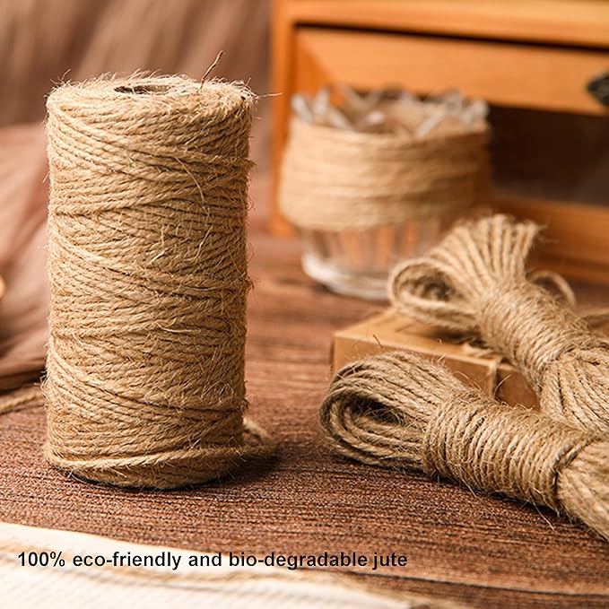 3mm Jute Twine 656 Feet - Natural Thick Rope for Crafting, Gift Wrapping, Gardening, Packing and Wedding Decor - Brown String