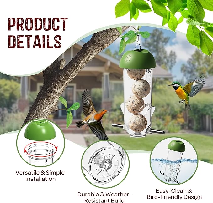 LONA Suet Ball Bird Feeder Outdoor Hanging Fat Ball Feeders with Versatile Mount Durable Weatherproof Washable Transparent Tube Wire Steel Metal Feeder for Wild Birds