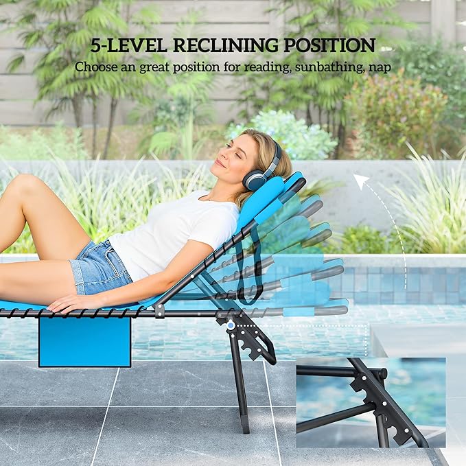Outsunny 2 Piece Folding Chaise Lounge with 5-Level Reclining Back, Tanning Chair with Face Hole, Outdoor Lounge Chair with Side Pocket & Headrest for Beach, Yard, Patio, Blue
