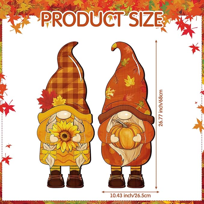 Thyle 2 Pcs Wooden Thanksgiving Gnome Sign 27 x 10 Inch Fall Hanging Gnome Front Door Decor Pumpkin Sunflower Welcome Sign for Fall Outdoor Indoor Front Porch Harvest Home Farmhouse Wall Supplies