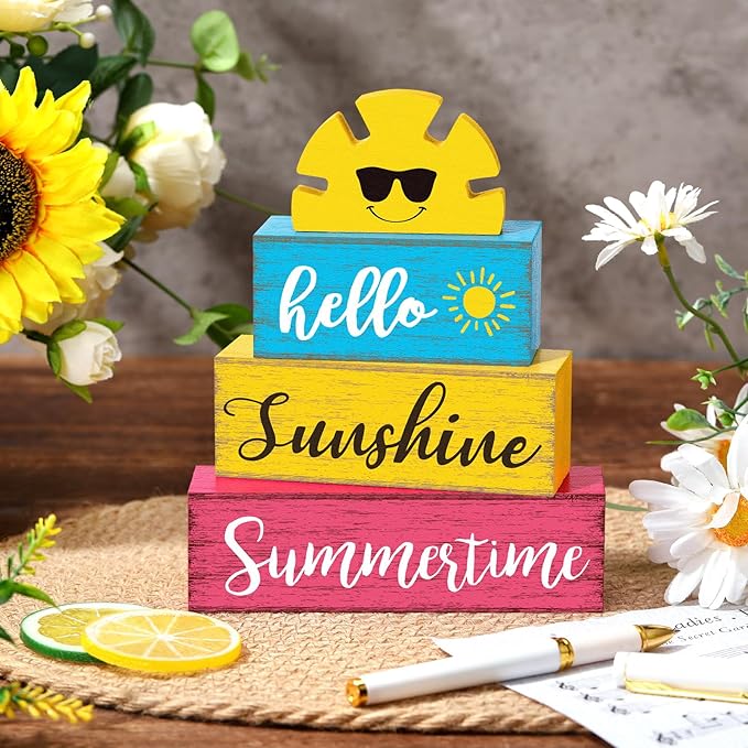 Summer Table Decor Hello Sunshine Wooden Block Sign Farmhouse Summertime Beach Tiered Tray Decor Rustic Table Centerpieces Summer Decorations for Home Desk Shelf Mantle Office Decorations