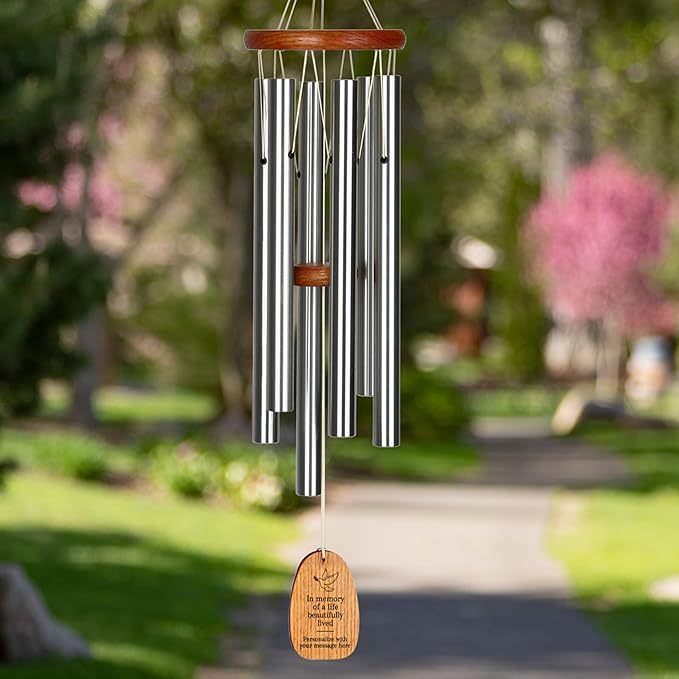 Woodstock Wind Chimes Personalized Amazing Grace Memorial Chime for Outside 24'' Medium Silver Sympathy Customized Dove Inspirational Wind Chime for Outdoor Patio Home Garden Decor