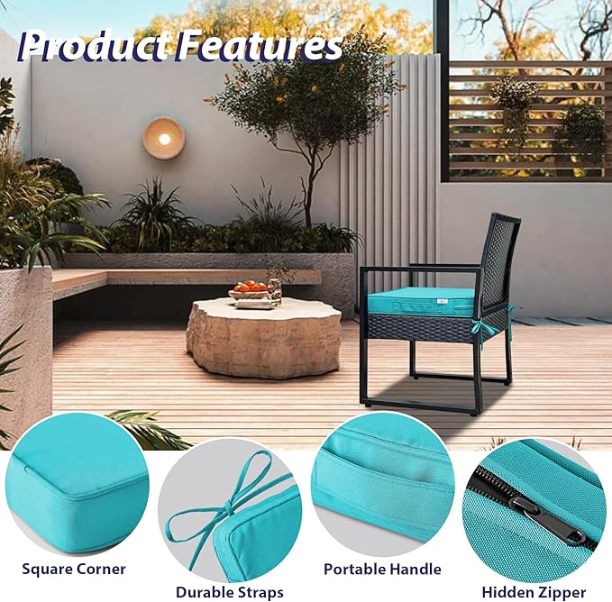 Outdoor Chair Cushions Set of 4,Waterproof Outdoor Seat Cushions for Patio Furniture,Patio Chair Cushion with Handle and Ties, Square Out Door Chair Pads,18.5" x 16" x 3", Teal