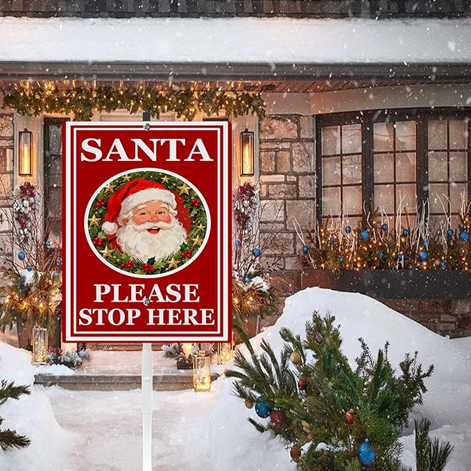 Santa Stop Here Yard Signs With Stake Rustproof Reflective Aluminum Christmas Decoractive Garden Stakes for Lawn Outdoor Decorations 8x12 In