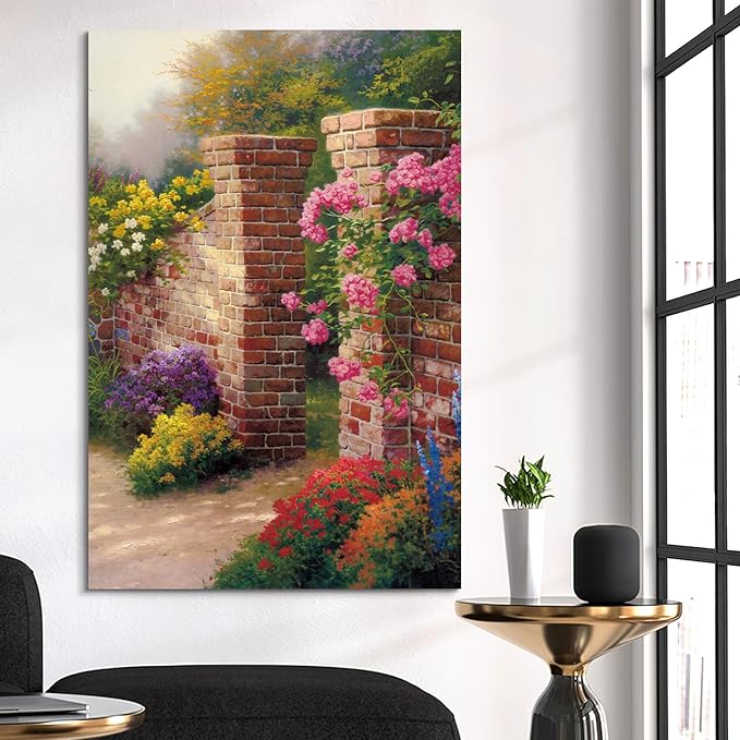 STUDIO HAVEN Thomas Kinkade Canvas Wall Art, Vibrant Floral Archway Climbing Roses Colorful Blooms Rustic Charm Oil Painting Poster Outdoor Scene Wall Decor, Framed Prints for Home Decor, 28x40Inch