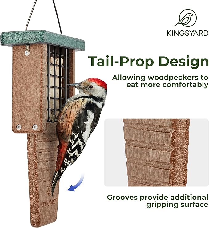 Kingsyard Recycled Plastic Suet Feeder, Tail Prop Suet Feeder for Outside Hanging, Sturdy & Durable, Great for Woodpecker & Clinging Birds, Green