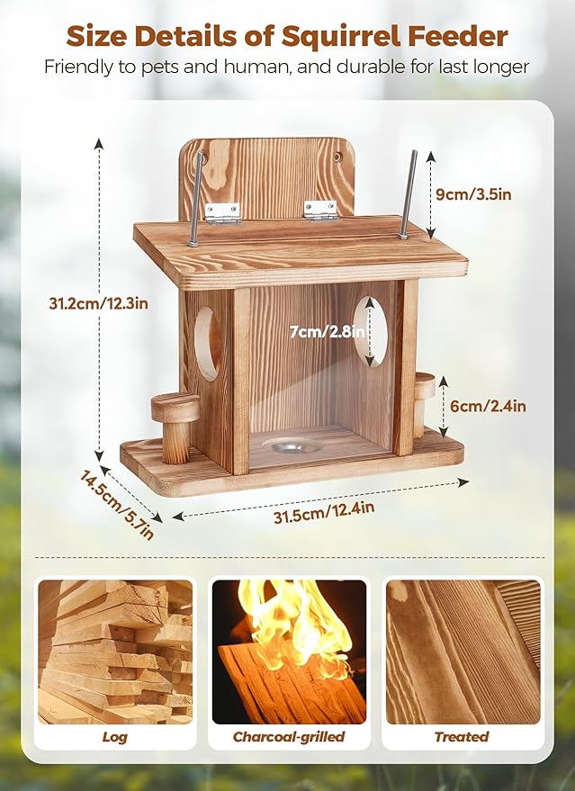 Squirrel Feeder for Outside, Thickened Solid Wooden Squirrel Feeders Platform, Chipmunk Feeder Hold Peanuts Corn Corn Cob, Durable Hanging Feeder Box Funny Squirrel Houses Picnic Table for Outdoors