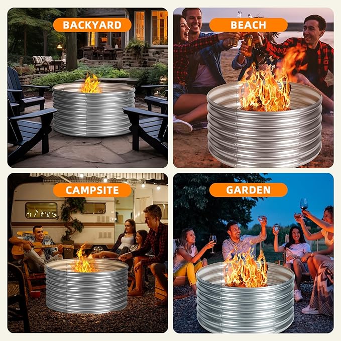 36 inch Fire Pit Ring, Galvanized Fire Ring 1.5ft high, Wood Burning Fire Pits Ring, Outdoor Fireplace Height 24 Inch, Round Camp Fire Ring, Bonfire Pit for Camping, Backyard (3x3x1.5FT)