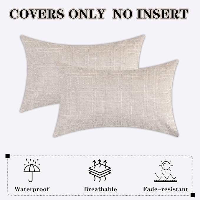 Kevin Textile Pack of 2 Outdoor Waterproof Throw Pillow Covers Decorative Square Outdoor Checkered Pillows Cushion Case Patio Pillows for Couch 12x20 inches 30x50 cm Light Beige
