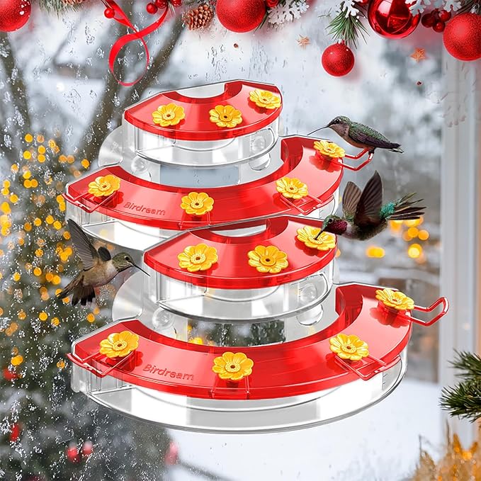 Birdream 2 Pack Window Hummingbird Feeders for Outdoors, with Strong Suction Cups & 7 Feeding Ports, Easy to Refill and Maintain, Gift for Bird Lover, Plastic Bird Feeder, 10oz Per Pack - Red