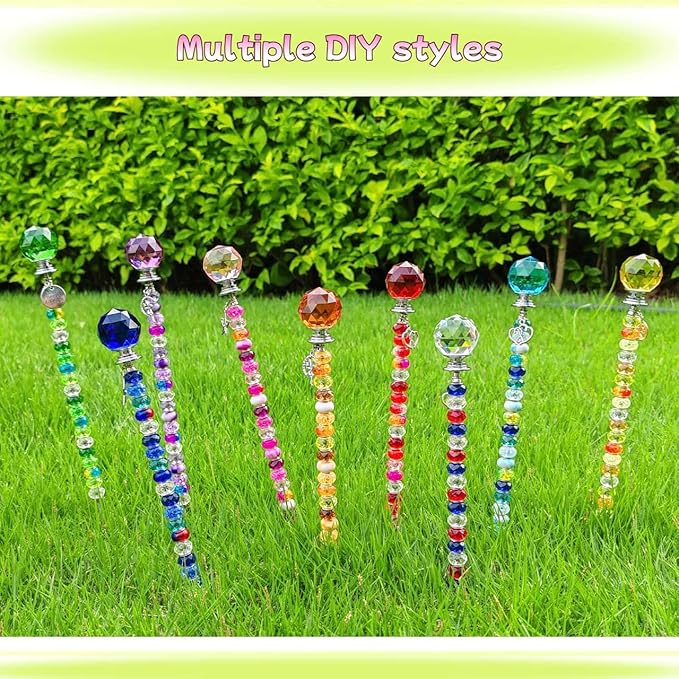 72Pcs Beaded Garden Stakes Kit - DIY Fairy Wand Garden Stake Beads Kit, Fairy Garden Accessories Outdoor for Different Festivals, Beadable Items Ball-(Purple+Lake Blue+Pink)